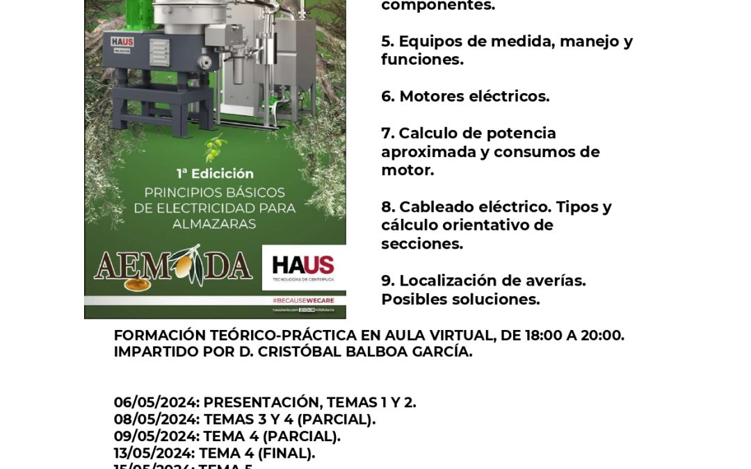 Curso «PRINCIPIOS BÁSICOS DE ELECTRICIDAD PARA ALMAZARAS»